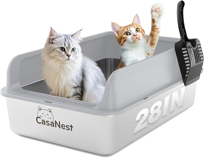 XXXL Stainless Steel Cat Litter Box 28.1''×20.5'' × 10.1” Extra Large Metal Cat Litter Box for Big, Multi Cats, Anti-Leakage & Non-Stick Metal Pan, Easy to Clean, Durable (Light Grey