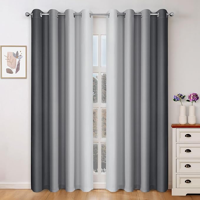 HOMEIDEAS Gray Grey Ombre Blackout Curtains, 52 X 96 Inch Length Gradient Color Room Darkening Curtains with Grommet Thermal Insulated Window Drapes for Living Room, Bedroom, 2 Panels