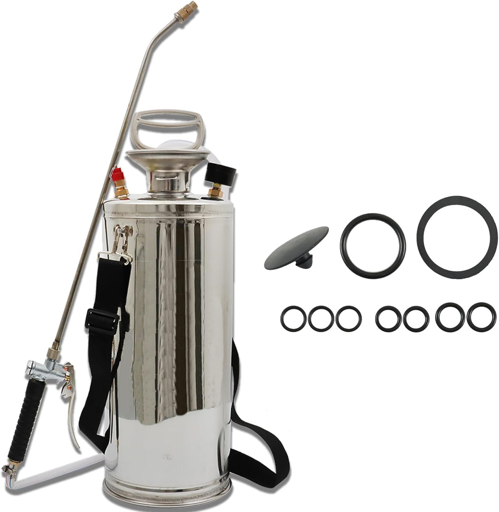 2 Gallon Stainless Steel Sprayer Hand Pump Sprayer with Pressure Gauge Safety Valve Adjustable Nozzle for Gardening Lawn and Cleaning