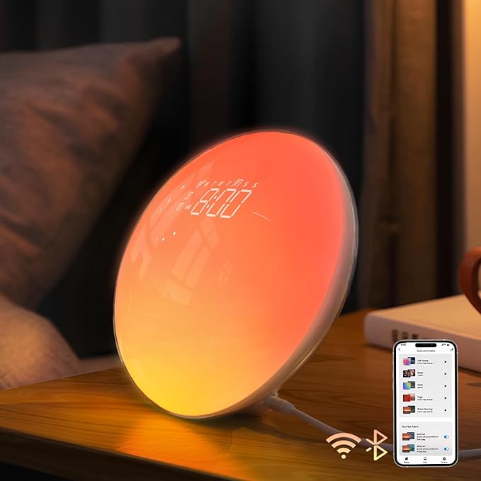 Dekala Sunrise Alarm Clock for Heavy Sleepers, Smart App Control, Bluetooth Speaker, Wake up Light Sunrise Sunset Simulation, White Noise Sound Machine, Night Light for Bedrooms Kids Adults
