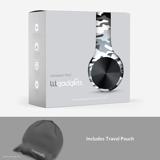 LilGadgets Connect+ Pro Wired Kids Headphones for School w/Microphone, Volume Limiting Noise Reducing Over-Ear Headset w/Cord, SharePort Technology & SoftTouch Padding, Snow Camo Headphones for Kids