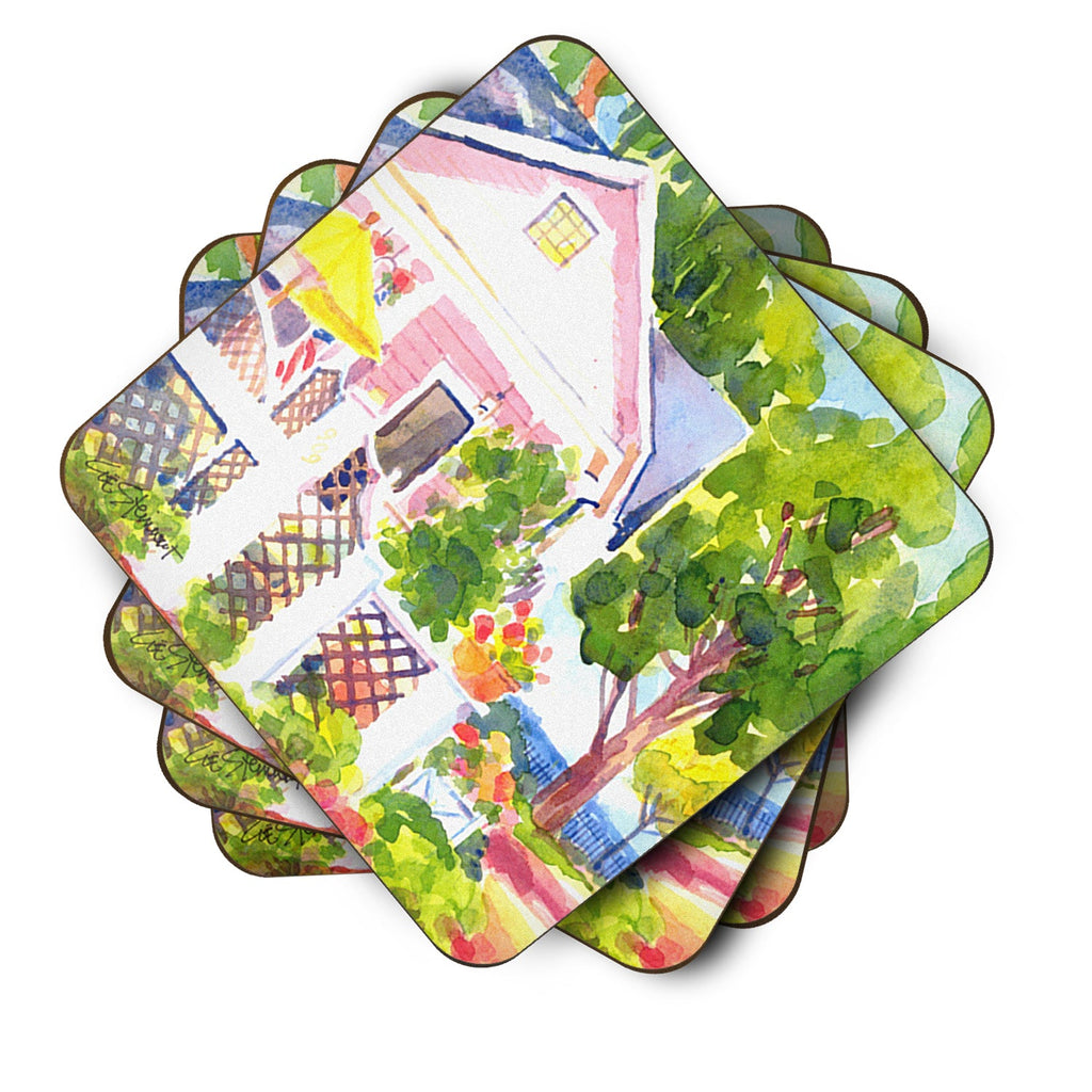 White Cottage at the beach Foam Coasters Set of 4 Cup Coasters for Indoor Outdoor, Tabletop Protection, Anti Slip, Mouse pad Material