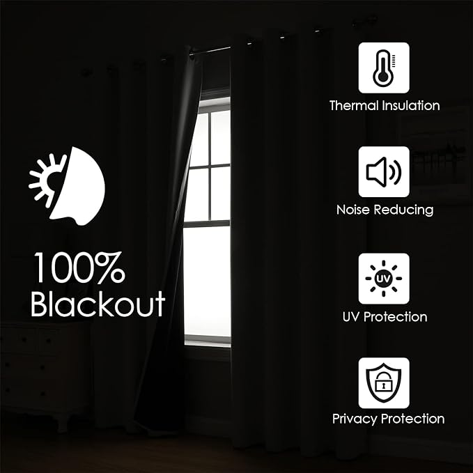 ChrisDowa 100% Blackout Curtains for Bedroom with Black Liner, 2 Thick Layers Total Blackout Thermal Insulated Grommet Window Curtains 2 Panels Set (Black, 42 x 63 Inch)
