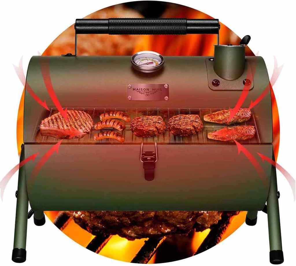 MAISON HUIS Adjustable Portable Charcoal Grill Multi-functional Metal Small BBQ Smoker with 9-Piece Stainless Steel Grill Tool Set for Outdoor Hiking Picnic (Green Kit)