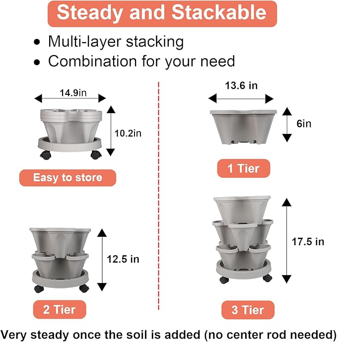 Vertical Planter 3 Tier Stackable Planters Garden Planters Strawberry Herb Flower and Vegetable Planter Indoor Outdoor Gardening Pots with Removable Wheels and Tools 2-Pack