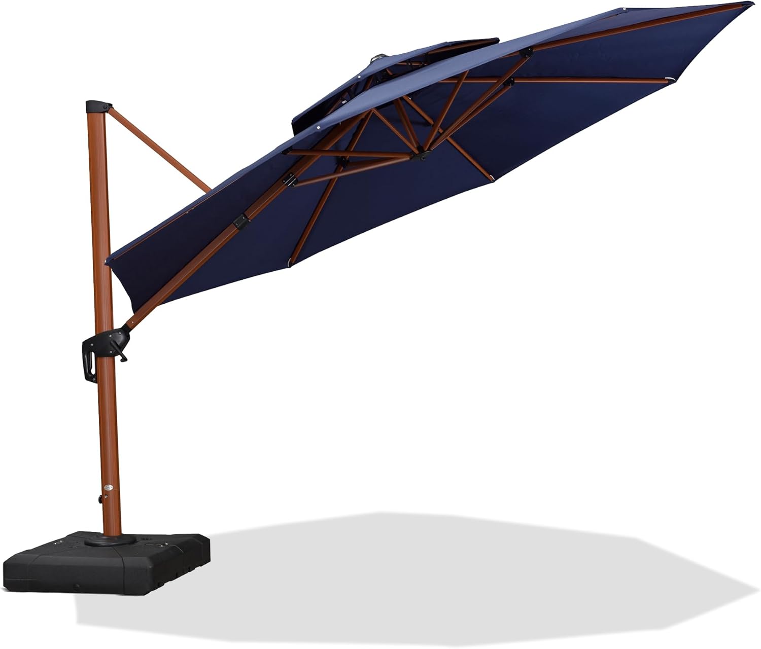 PURPLE LEAF 12 Feet Double Top Deluxe Round Patio Umbrella Offset Hanging Umbrella Cantilever Umbrellas Outdoor Market Umbrellas Garden Umbrella, Navy Blue