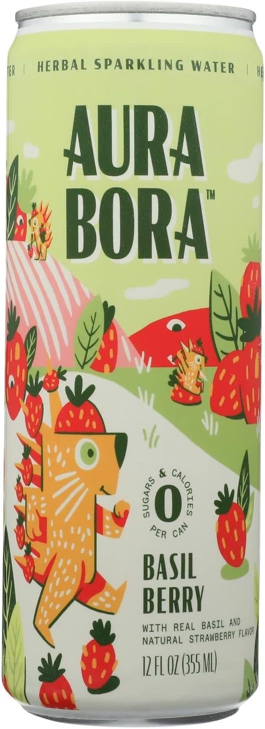 Aura Bora Basil Berry Sparkling Water, 12 Fl Oz Cans, Pack of 4 (24 Cans Total)