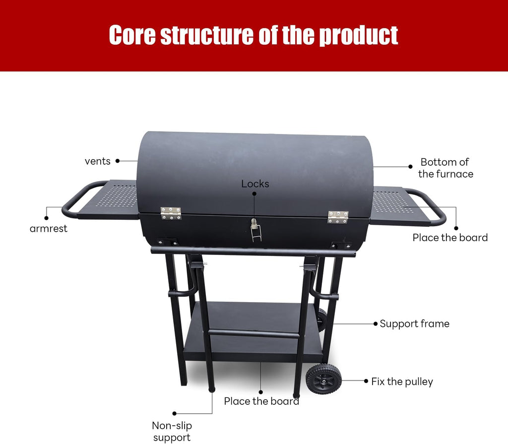 Charcoal Grill - Charcoal Barrel Grill with side shelf, Large Stainless Steel BBQ Grill suitable for outdoor camping,backyards, and patios (Extra Large)