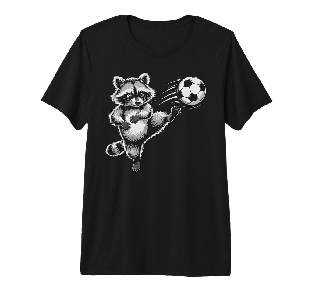 Funny Soccer Ball Raccoon Kick T-Shirt - Casual Everyday Wear Men Women