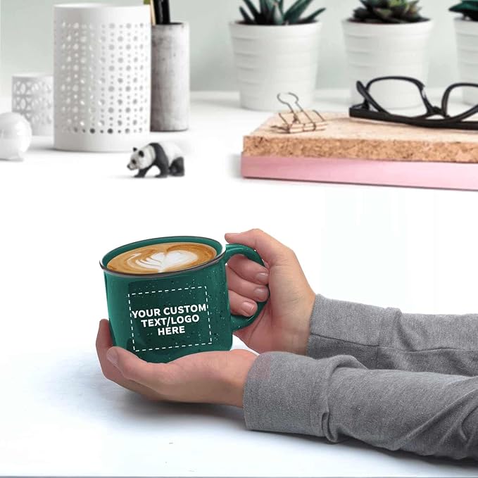 DISCOUNT PROMOS Custom Ceramic Campfire Coffee Mugs 13 oz. Set of 50, Personalized Bulk Pack - Perfect for Tea, Espresso, Cappuccino, Hot Cocoa - Green