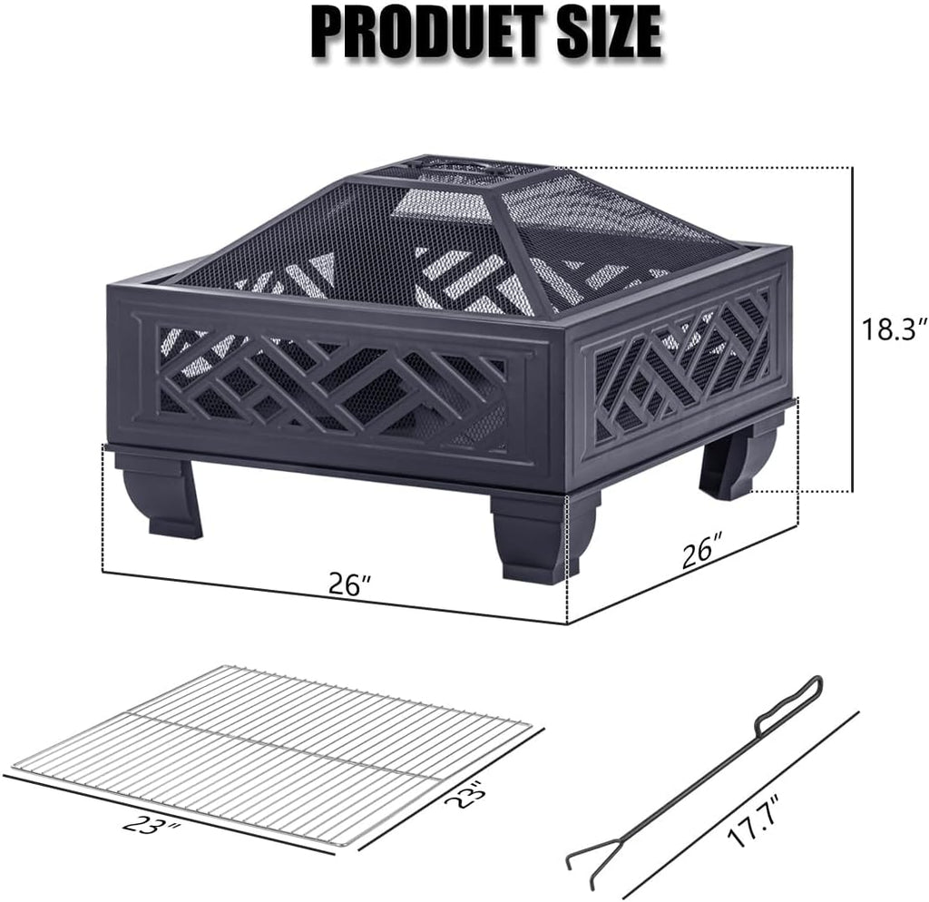 Breezz 26 Inch Wood Burning Fire Pit with Cooking Grill and Spark Screen, Outdoor Metal Firepit for Patio, Backyard, Bonfire Party, Camping and Garden