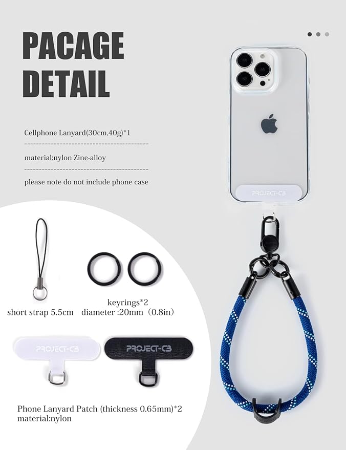 project-cb Phone Wrist Strap 1,Tether Tab 2,Phone Wristlet,Lanyard Wrist Strap,Key Holder,KeyChain,KeyRing×2(White-Black)