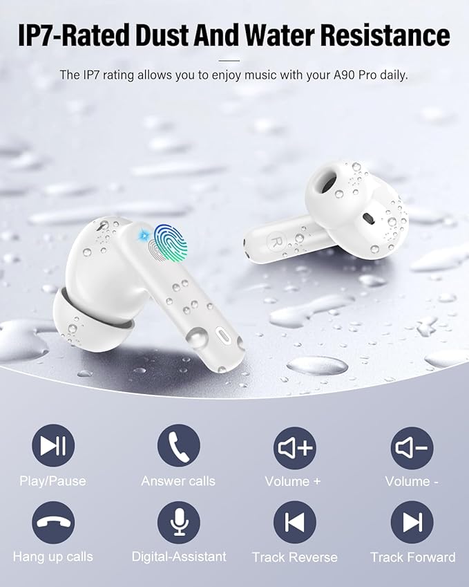 Wireless Earbuds, Bluetooth 5.4 Headphones Bass Stereo, Ear Buds with Noise Cancelling Mic, IP7 Waterproof in Ear Earphones, 36H LED Display Bluetooth Earbuds for Laptop Pad Phones Sports, White