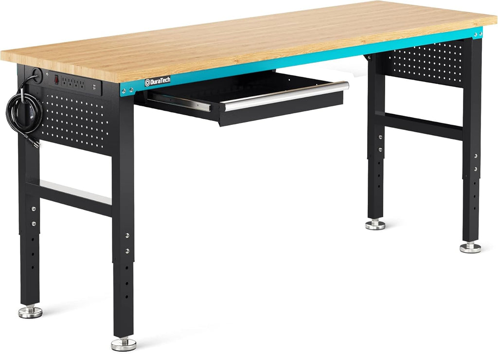 DURATECH 72” Adjustable Workbench, Heavy-Duty Rubber Wooden Top Worktable with a Drawer, 6ft Workstation with Power Strip, Peg Board, 2000 LBS Load Capacity for Workshop Garage Office Home