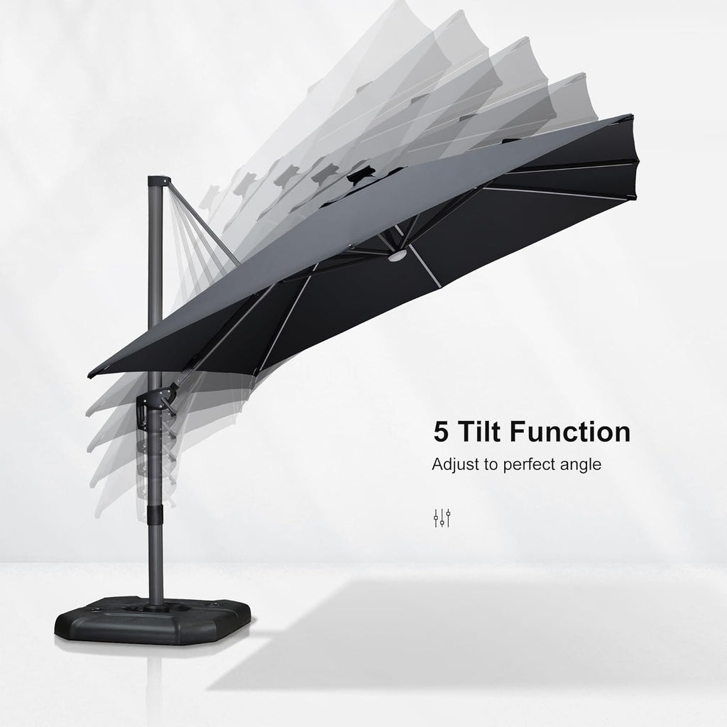 PURPLE LEAF 10 Feet Patio Umbrella Outdoor Cantilever Solar Powered LED Square Umbrella Aluminum Offset Umbrella with 360-degree Rotation for Garden Deck Pool Patio, Grey