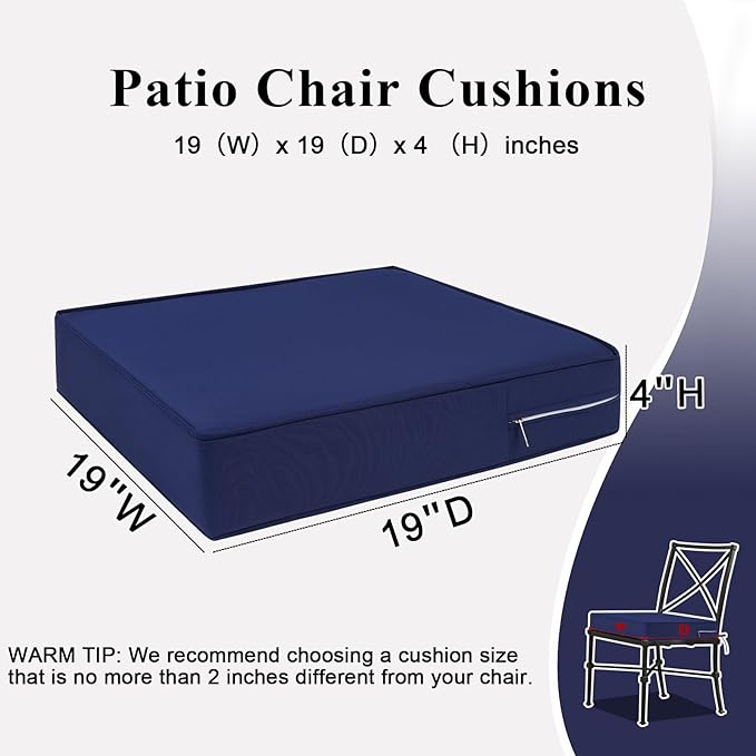 Outdoor Chair Cushions Set of 2 for Patio Furniture 19x19x4 Inch Waterproof Patio Chair Cushion 3 Year Color Fastness Square Elastic Foam Garden Sofa Couch Pads with Ties and Handle,Blue