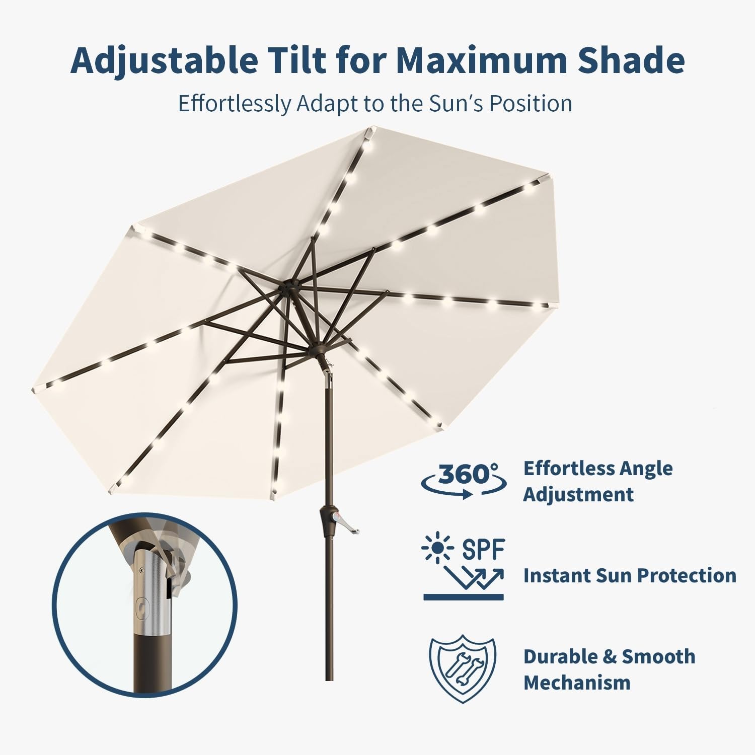 9FT Solar Umbrella 32 LED Lighted Patio Umbrella Table Market Umbrella w/Tilt and Crank, UV-Resistant Outdoor Umbrella for Pool, Garden, Deck, Creamy White