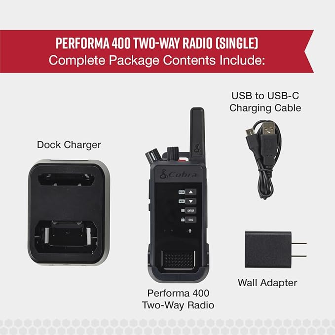 Cobra Performa 400 Business Radio (1-Pack with Dock) - 2-Channel UHF/LMR Professional Two Way Radio, Waterproof Walkie Talkie, Drop Proof, Shockproof IP67 & MIL-SPEC Rated, 18-Hour Li-Ion Battery
