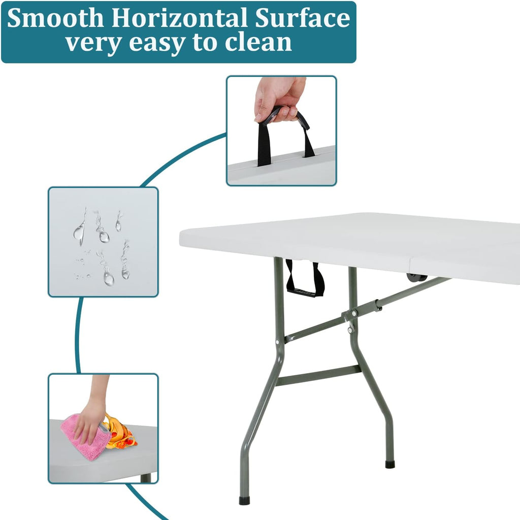 6FT Folding Table, Heavy Duty Plastic Table Portable Fold-in-Half Utility Table Indoor Outdoor Picnic Table w/Handle & Lock for Camping BBQ Party Wedding Market Events, 500LBS