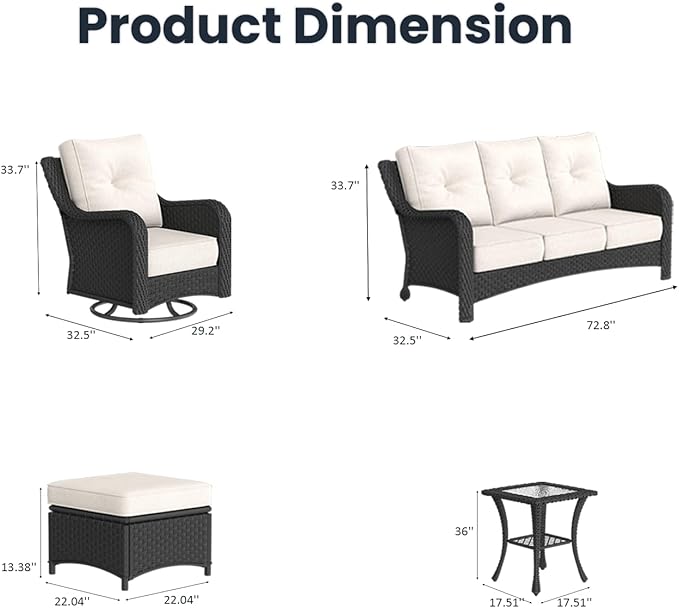 6 Pieces Outdoor Patio Furniture Sets with Rocking Swivel Chairs with 6-inch Thick Cushion and Side Table for Deck Lawn