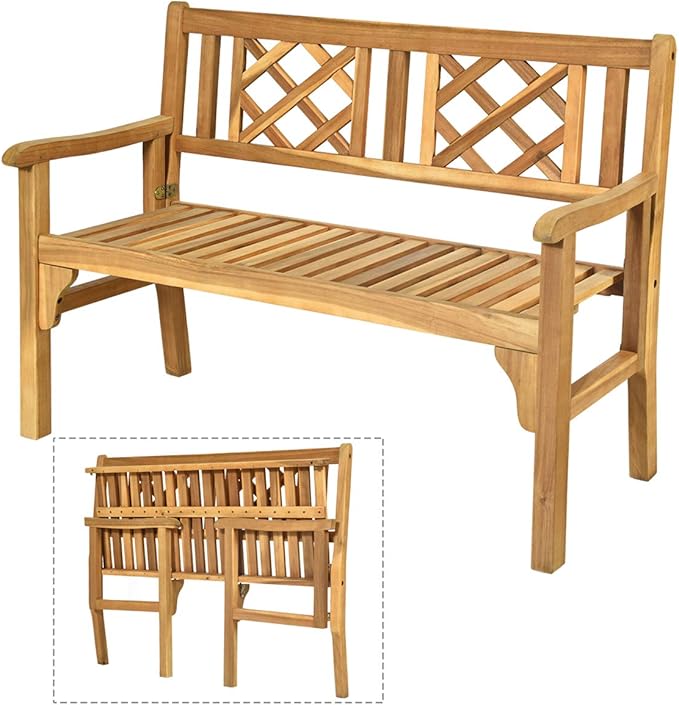 Giantex 4 Ft Foldable Outdoor Bench, Acacia Wood Outside Loveseat with Curved Backrest and Armrest, 705Lbs Weight Capacity, Garden Bench for Patio, Park, Porch, Balcony