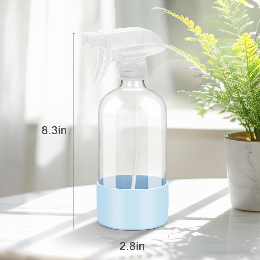 2 Pack Glass Spray Bottles with Silicone Sleeve, 16 oz Empty Refillable Containers with Adjustable Spray Nozzles, Spray Bottles for Hair, Cleaning Solutions and Plants Blue&Pink