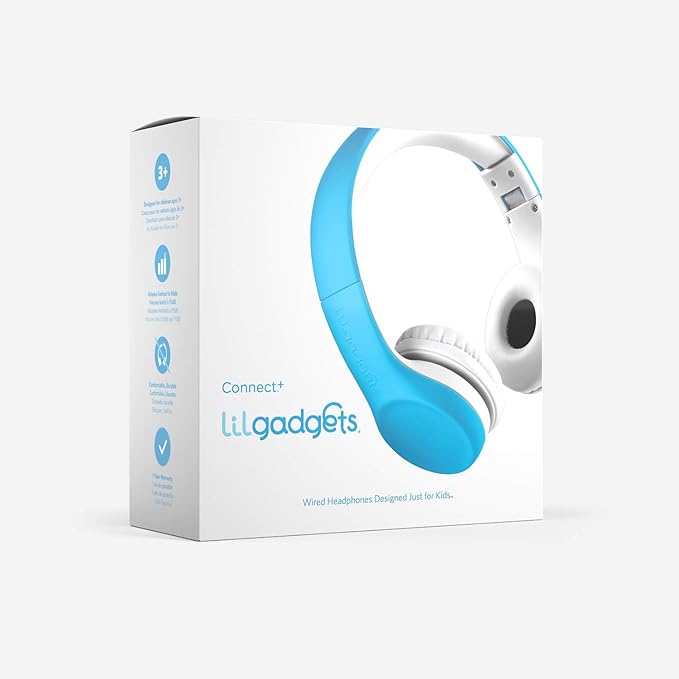 LilGadgets Connect+ Wired Kids Headphones for School with Mic, Volume Limited & Noise Reduction, On-Ear Headset with Cord, SharePort Technology for Multiple Kids & SoftTouch Padding, Blue