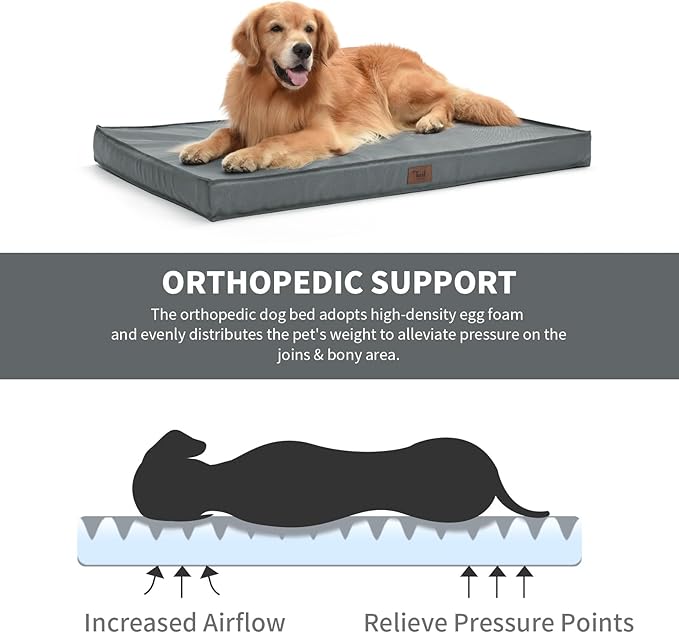 Outdoor Extra Large Dog Crate Bed, Big Waterproof Dog Bed for Large Dogs, Orthopedic Egg Foam Pet Bed Mat with Removable Cooling Cover, Grey