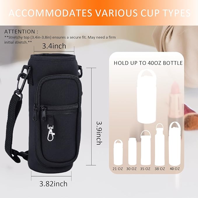 Water Bottle Holder with Strap for Hydroflask 32oz 40oz, Carrier Sling Bag with Phone Pocket Sleeve for Men Women Hiking Camping Travelling（black24/32oz）