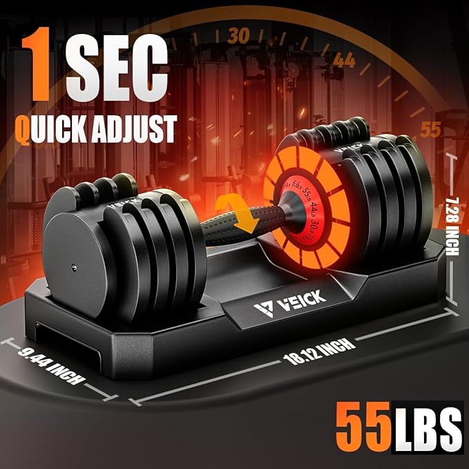 VEICK 25/55 lbs Adjustable Dumbbell with Anti-Slip Turning Handle, Fast Adjust Weight for Men Women, Exercise Equipment with Tray for Home Gym Full Body Workout Fitness