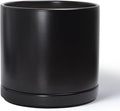 D'vine Dev 14 Inch Ceramic Planter Pot with Drainage Hole and Saucer, Indoor Cylinder Round Planter Pot, Black, 94-O-G-2