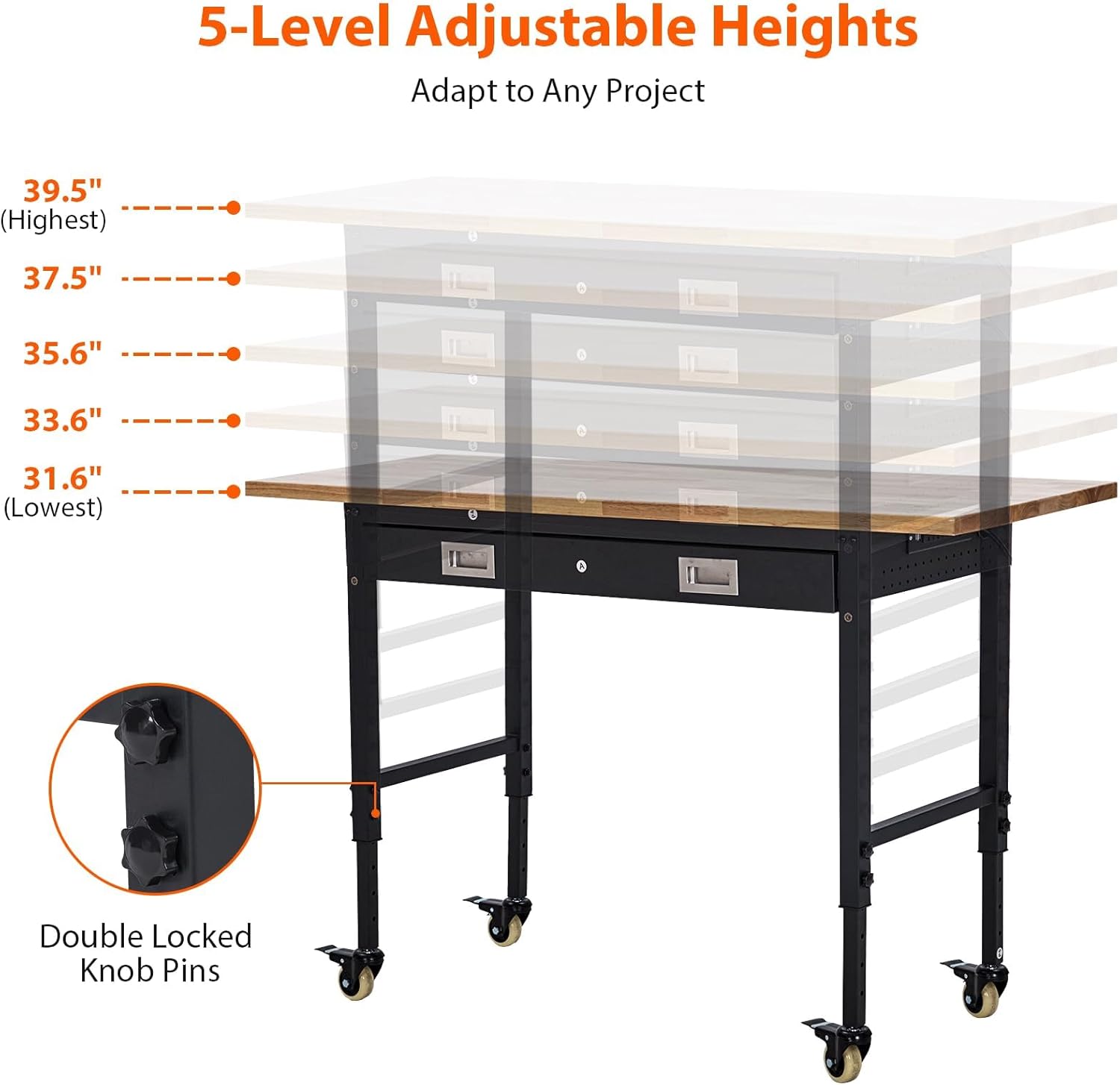 60'' Adjustable Workbench, Heavy Duty Workbench with Drawer, Power Outlet and Lockable Wheels, 2000 LBS Capacity, Work Table Suitable for Office, Garage, Workshop