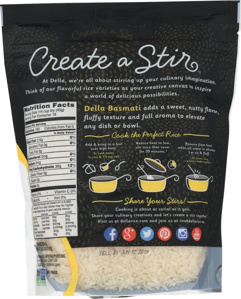 Della Basmati White Rice, Premium Aromatic, Case of 6, 28 Oz Bags