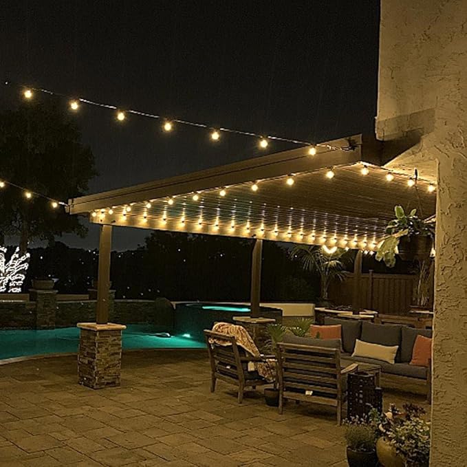Novelty Lights 100 Feet G40 LED Patio String Lights with 67 Bulbs, Warm White, Weather Resistant and Shatterproof Replaceable Plastic Globe Bulbs, Black Wire