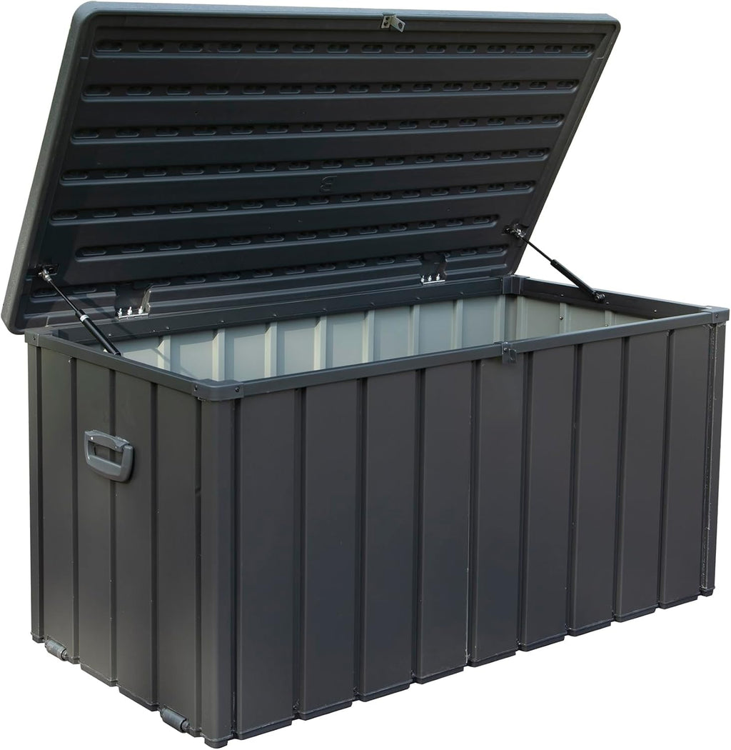 KUIKUI 100 Gallon Deck Box Waterproof, 100 Gallon Outdoor Storage Box, Metal Deck Box Waterproof for Pool Patio Cushions and Sports Pools Equipment, Dark Gray