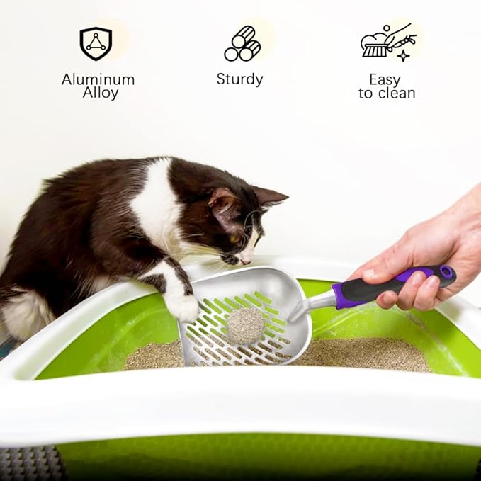 Cat Litter Scoop-Metal Cat Scooper-Long Handle Scoop,Cat Scooper-Poop Sifting-Mesh Shovel-Suitable for Cat Litter Box (Purple)