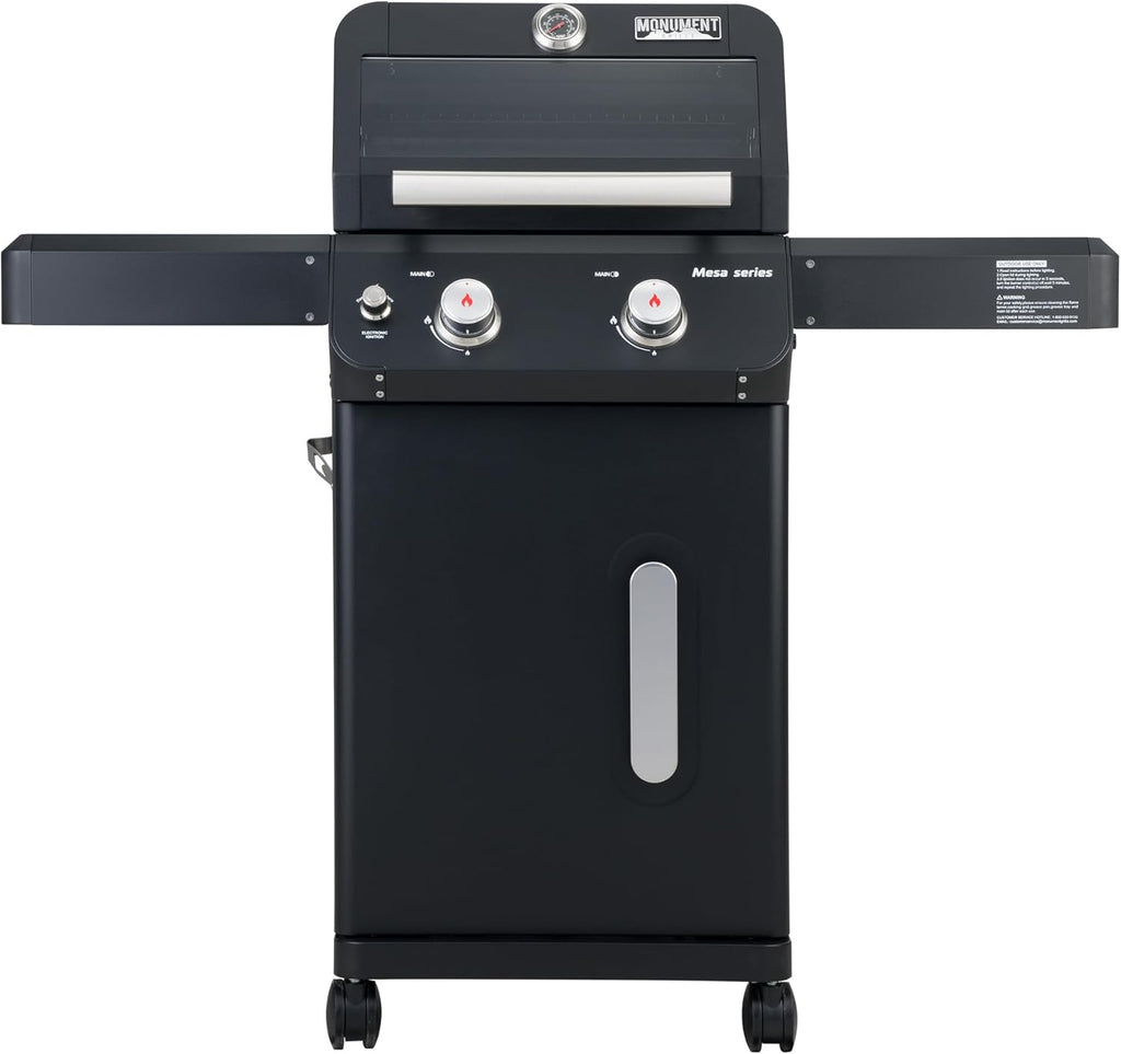 Monument Grills 2-Burner Foldable Stainless Steel Liquid Propane Gas Patio Garden Barbecue Grill with Clearview® Lid, Knob Control Mesa220 with BBQ Cover