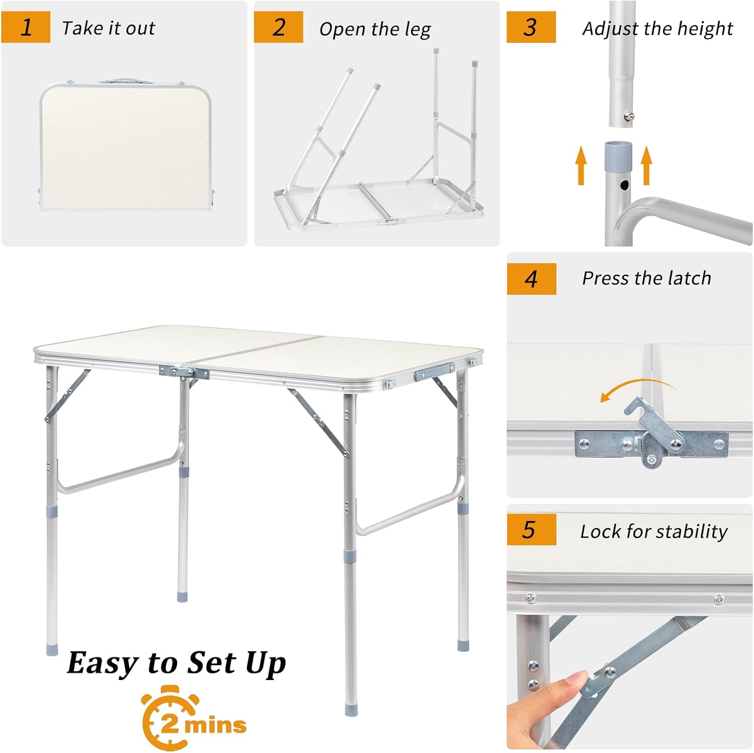 Outvita 3ft Portable Folding Camping Table, Outdoor Waterproof Adjustable Height Table, Aluminum Lightweight Suitcase Foldable Table for Picnic BBQ Beach Dining