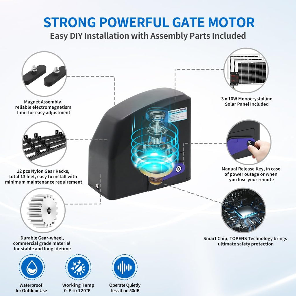 TOPENS DKR500ST Solar Sliding Gate Opener Rack Drive Automatic Gate Motor for Heavy Driveway Slide Gates Up to 1300 Pounds, Electric Gate Operator Battery Powered with Solar Panel Remote Control Kit