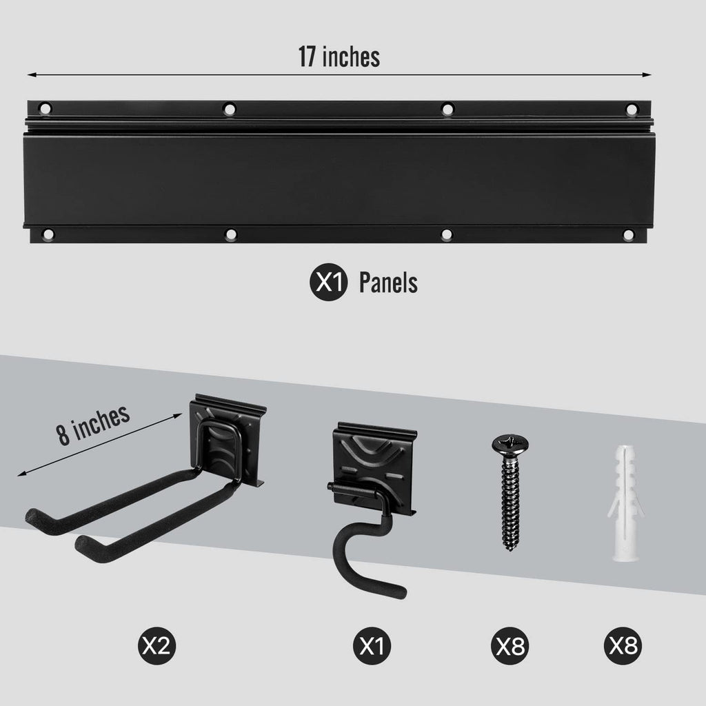 Tool Rack Kits, Garage Wall Organization Hanger with 1 Mop Hook and two 8-inch Multi-Purpose Hooks, Garden Yard Shovels Rakes for String Hedge Trimmer Brooms Hoses Folding Chairs ladders, and More