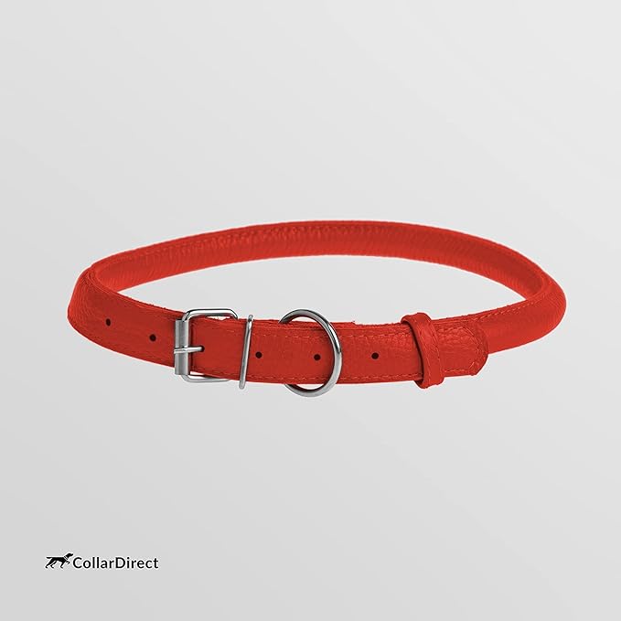 CollarDirect Rolled Leather Dog Collar, Soft Padded Round Puppy Collar, Handmade Genuine Leather Collar Dog Small Large Cat Collars 13 Colors (8-11 Inch, Red Textured)