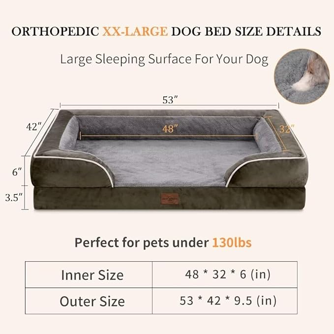 Comfort Expression XXL Dog Beds Memory Foam, Orthopedic Dog Beds for Extra Large Dogs, Waterproof Dogs Bed, Washable Pet Sofa Couch with Bolster & Removable Cover(XX-Large,Olive Green)