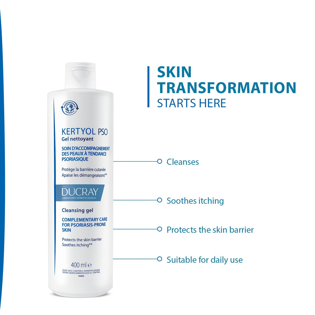Ducray Kertyol PSO Moisturizing Cleansing Gel - Gentle Daily Face & Body Cleanser for Sensitive Skin, 13.53 fl oz