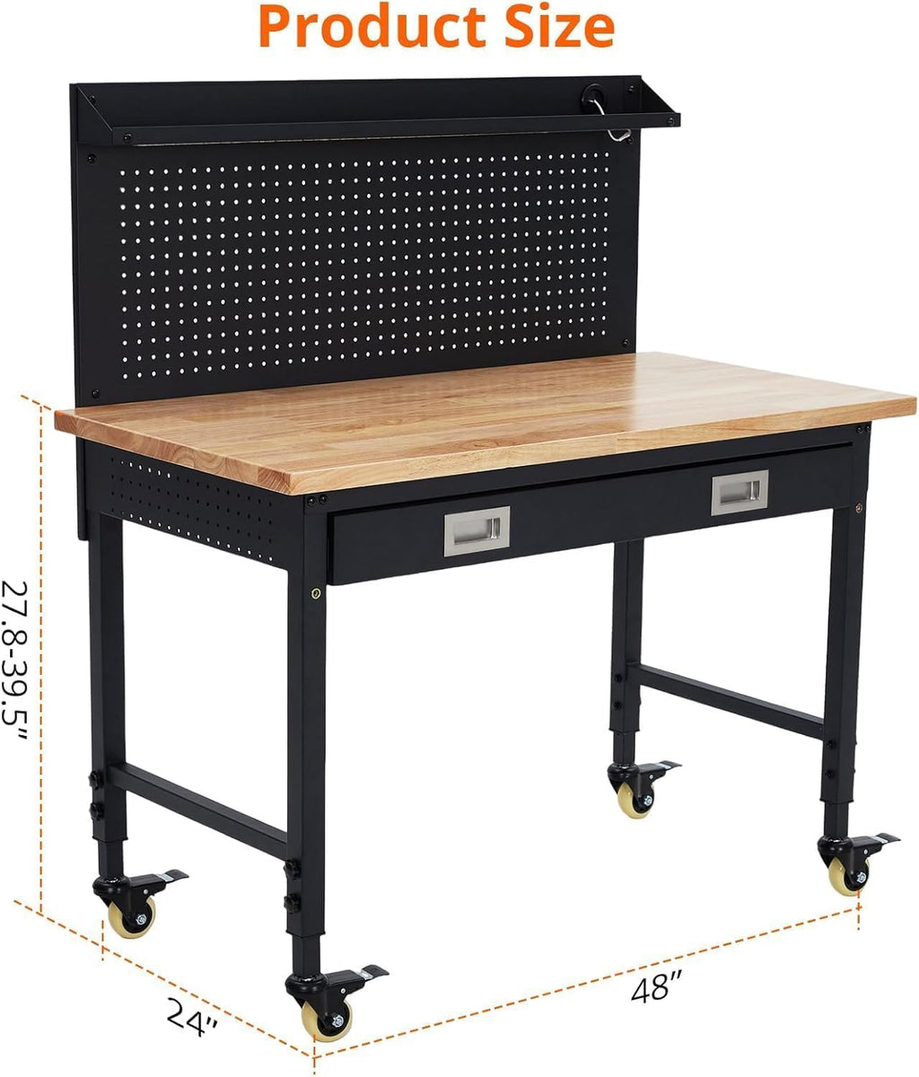 48x24 Inch Garage Workbench with Wheels, Adjustable Rubber Wood Top Garage Workbench with Power Outlet, 2000 Lbs Load Capacity for Workshop, Woodworking, Office