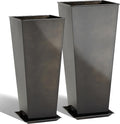 KOL 25'' & 28'' Tall Glazed Planter with Saucer, Set of 2, Galvanized Steel Planter Metal Pots for Indoor & Outdoor Use, Decorative Flower Plant Pots with Drainage Hole for Porch, Patio, Deck - Black