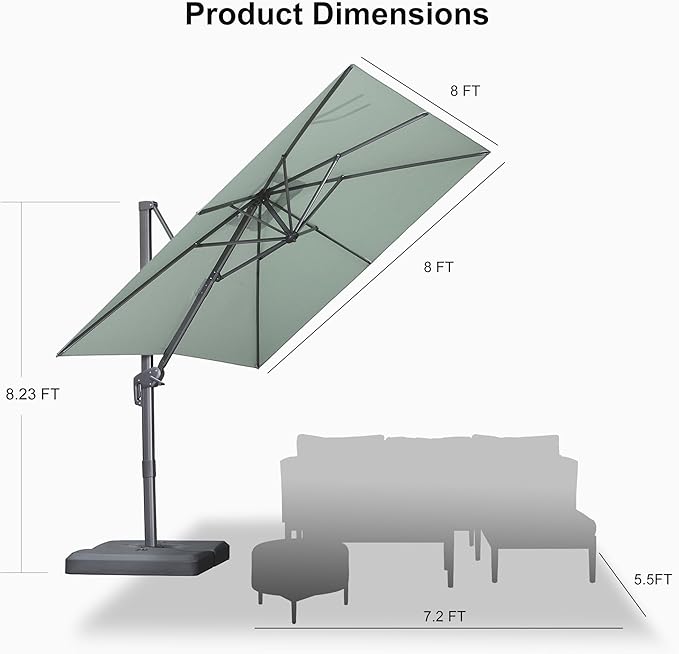 PURPLE LEAF 8 FT Cantilever Patio Umbrella Outdoor Aluminum Offset Square Umbrella with 3 Years Fade Resistance Recycled Fabric and 360-degree Rotation for Deck Pool Garden, Mint Green