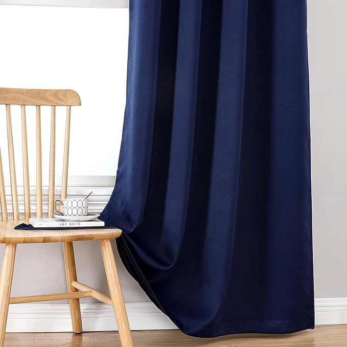 ChrisDowa 100% Blackout Curtains 80 inch Long for Bedroom with Black Liner, 2 Thick Layers Total Blackout Thermal Insulated Grommet Window Curtains 2 Panels Set (Navy Blue, 52 x 80 Inch)