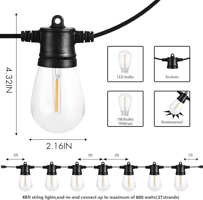 SUNTHIN Outdoor String Lights, 144ft(3 Pack 48ft) Patio Lights with LED Shatterproof Bulbs, Hanging for Outside, Garden, Backyard, Deck, Porch, Bistro, Pool, Party