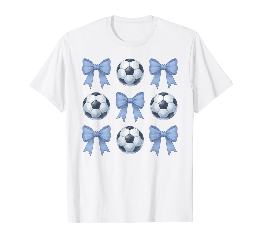 Soccer Coquette Toile Blue Bow T-Shirt - Casual Everyday Wear Men Women