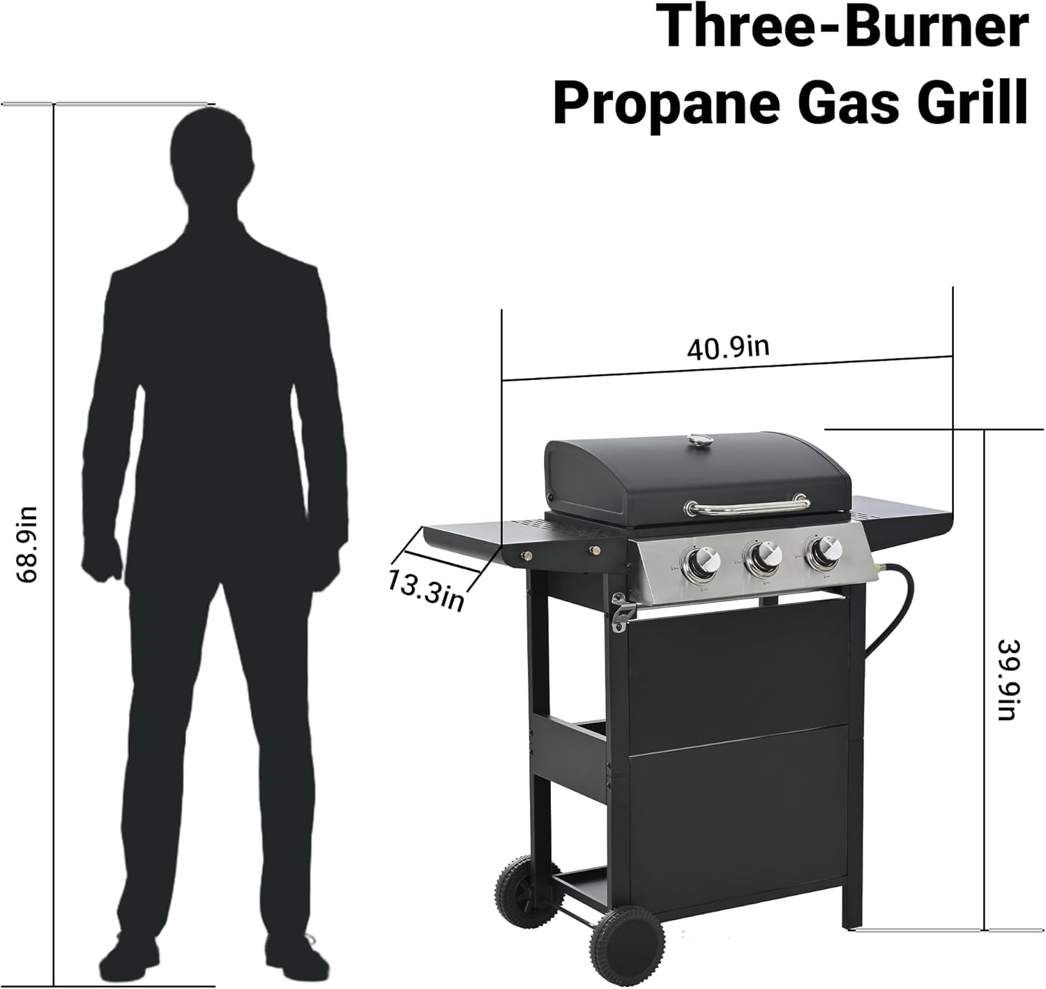 Endark 3-burner propane gas grill | 26,000 BTU stainless steel with enamel wire cooking grates and built-in thermometer | with side rack wheels | great for patio, garden, and outdoor cooking